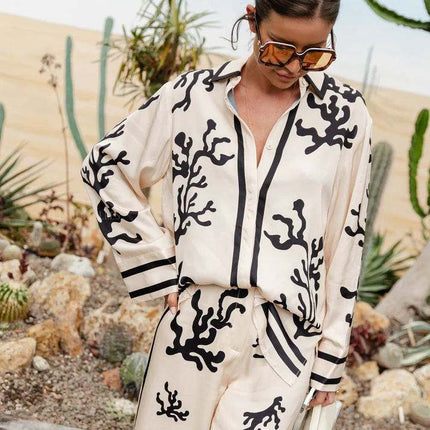 Women's Two Piece Long Sleeve Shirt and Wide Leg Pants Summer Casual Suit