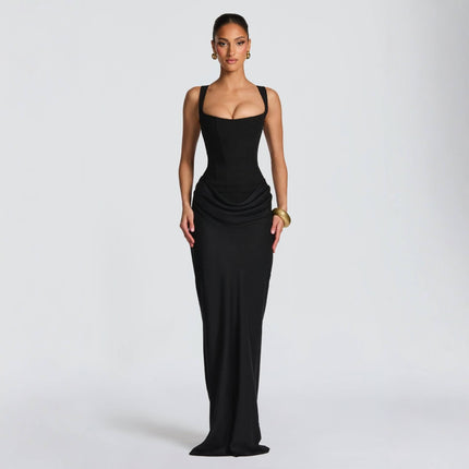 Women's U Neck Backless Fishbone Halter Hip Wrap Summer Evening Party Dress
