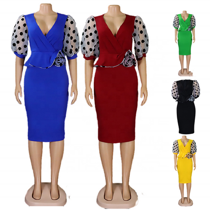 Women’s V Neck Mesh Office Dress Puff Sleeve Polka Dot Pencil Workwear