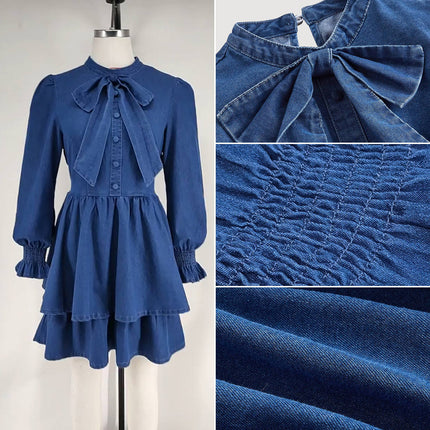 Women’s Denim Bow Dress Lantern Sleeve Slim Fit Casual Jeans Dress