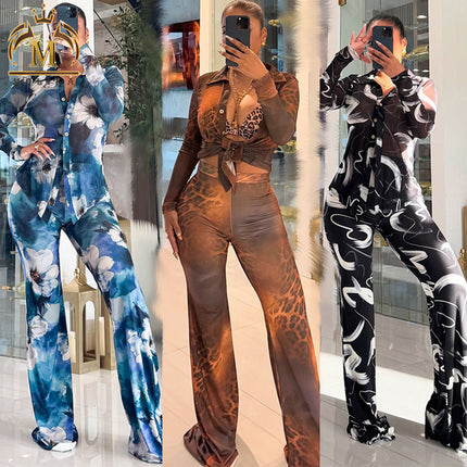 Y2K Women Mesh Print Shirt & Long Pants 2-Piece Casual Streetwear Set