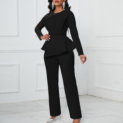 Elegant Beaded Mesh Long Sleeve Slim Fit Fall Party Jumpsuit 2023