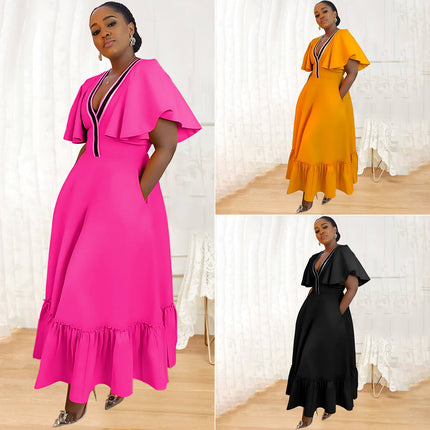Plus Size Women Summer Dress V-Neck Color Block A-Line Ruffle Sleeve
