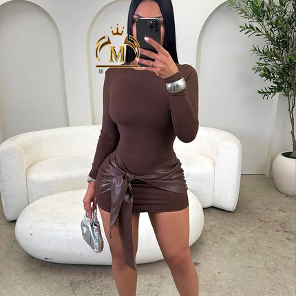 Women’s Leather Patchwork Bodycon Mini Dress Sexy Club Party Style 2026