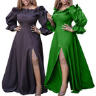 Plus Size African Autumn Dress Ruffle Long Sleeve Boat Neck Slit