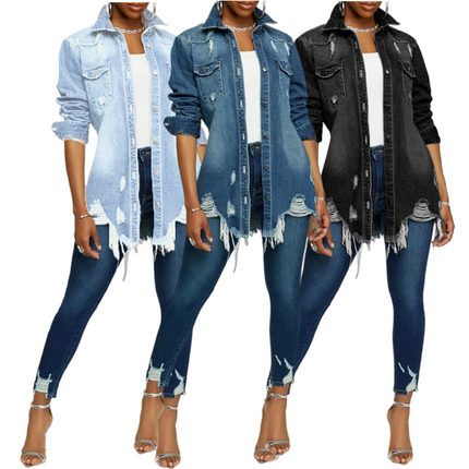 Women’s Autumn Denim Trench Coat Turn-Down Collar Single Breasted Jacket