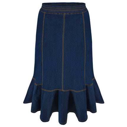 Plus Size Women Denim Maxi Skirt Elastic Waist Ruffle Long Jean Skirt Style