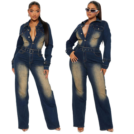 Women’s Autumn Denim Jumpsuit Long Sleeve Flared Pants With Belt