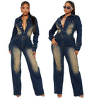 Women’s Autumn Denim Jumpsuit Long Sleeve Flared Pants With Belt