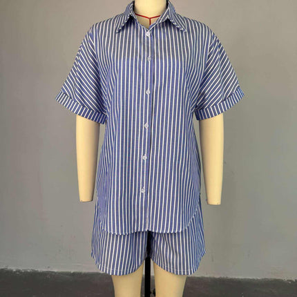 Women’s Blue White Striped Shirt and Wide Leg Shorts Summer Set