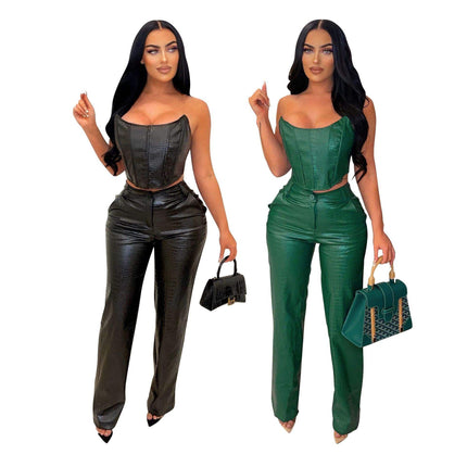 PU Leather 2 Piece Set for Women Sleeveless Vest Straight Pants
