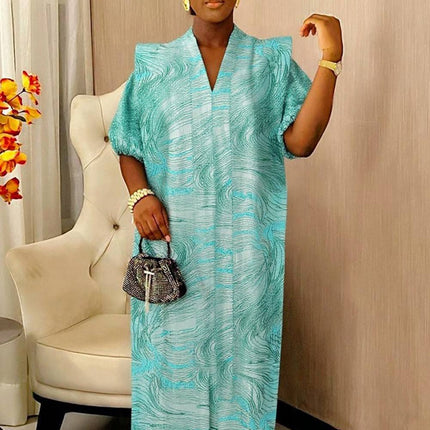 African Kaftan Boubou Dress for Women V-Neck Loose Fit with Headscarf