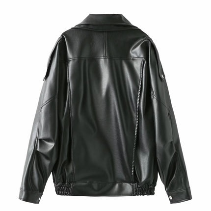 Women's Long Sleeve Zipper Lapel Leather Motorcycle Jacket Autumn Winter Casual Coat
