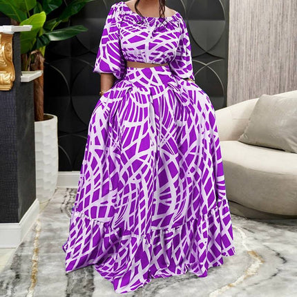 Women’s Printed Two Piece Set Short Top and Maxi Skirt Spring Outfit
