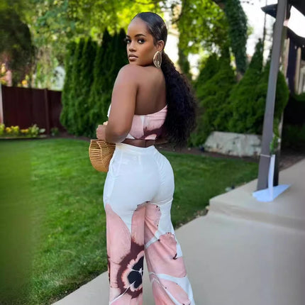 Women Summer Two Piece Set Single Shoulder Top Wide Leg Pants Outfit