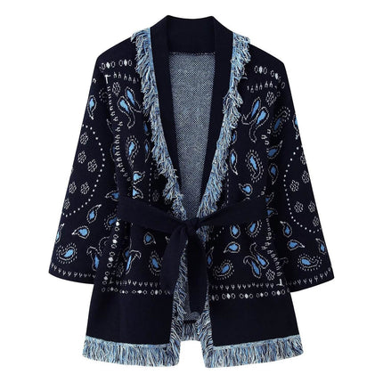 Women’s Winter Jacquard Lace-Up Lapel Tassel Cardigan Coat Jacket