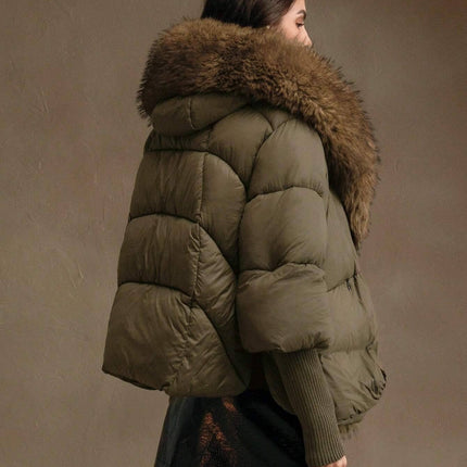 Women Oversized Hooded Winter Down Jacket Padded Coat with Fur Collar