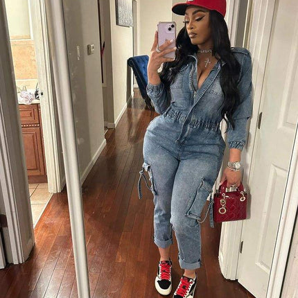Trendy Washed Denim Cargo Jumpsuit for Women Elastic Long Sleeve