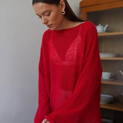 Women's Sheer O-Neck Knit Top Flared Sleeves Loose Spring Summer Tee