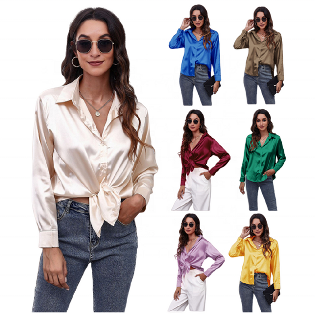Women Satin Silk Feel Shirt Solid Color Long Sleeve Elegant Blouse
