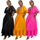 Plus Size Women Summer Dress V-Neck Color Block A-Line Ruffle Sleeve