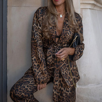 Women's Leopard Lapel Blazer and Wide Leg Pants Autumn Winter Office Suit