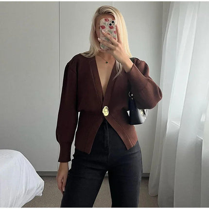 Women's Autumn Winter V-Neck Knit Cardigan Long Sleeve Loose Fit