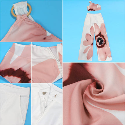 Women Summer Two Piece Set Single Shoulder Top Wide Leg Pants Outfit