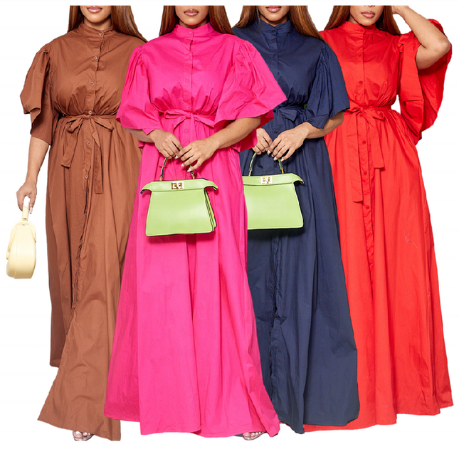 Women Casual Loose Maxi Dress with Flare Sleeves Button Front