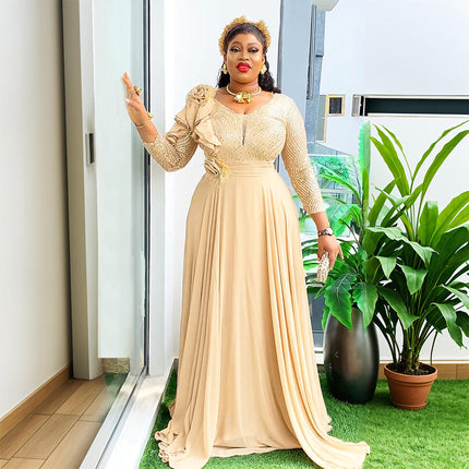 Plus Size V-Neck Sequin Chiffon Maxi Dress Elegant Evening Wear