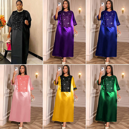 Luxury African Kaftan Dress for Women O-Neck Sequined Loose Abaya