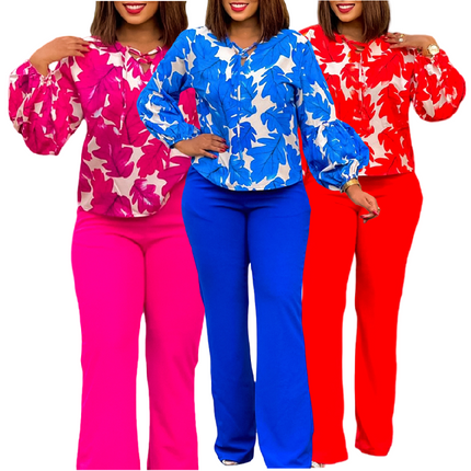 Women’s Office Two Piece Set Printed Long Sleeve Top Wide Leg Pants