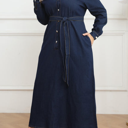 Women’s Plus Size Denim Maxi Dress Casual Long Sleeve Button-Down Autumn