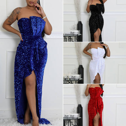 Modest Sequin Evening Maxi Dress Strapless Backless Sleeveless Party Gown