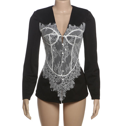 Women's V Neck Long Sleeve Lace Single Breasted Winter Office Blazer Jacket