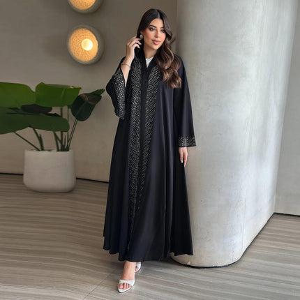 Black Open Abaya with Rhinestones | Modest Dubai Muslim Women's Robe