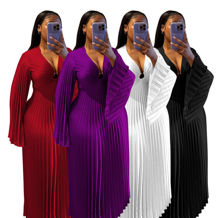 Plus Size Women’s V-Neck A-Line Dress Long Sleeve Solid Color