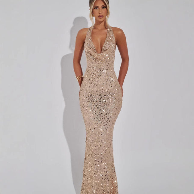 Women's Deep V Sequin Backless Bodycon Hip Wrap Summer Evening Party Dress