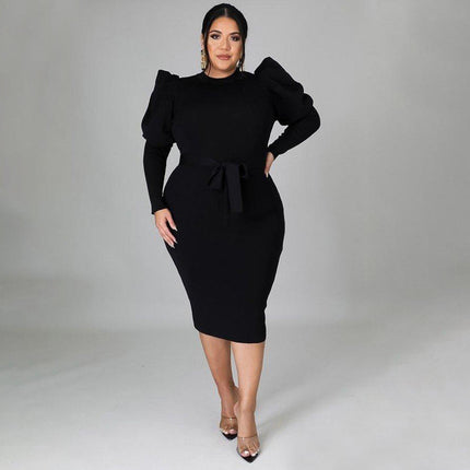 Plus Size African Church Dress for Women Lace Up Long Sleeve O Neck