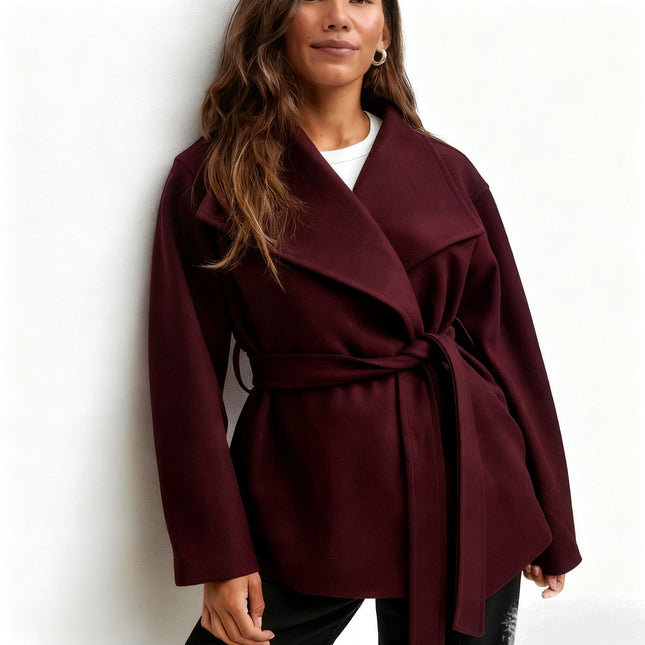 Women's Chic Winter Wool Coat Long Sleeve Stand Collar Lace-Up Jacket