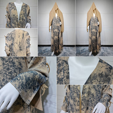 Modest Open Abaya Set for Women | Chiffon Dubai Kaftan with Scarf