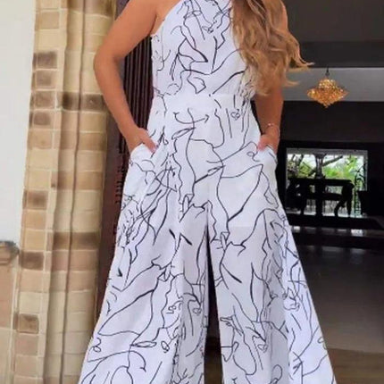 Women’s Summer Halter Neck Printed Jumpsuit Sleeveless Waist Fit One Piece