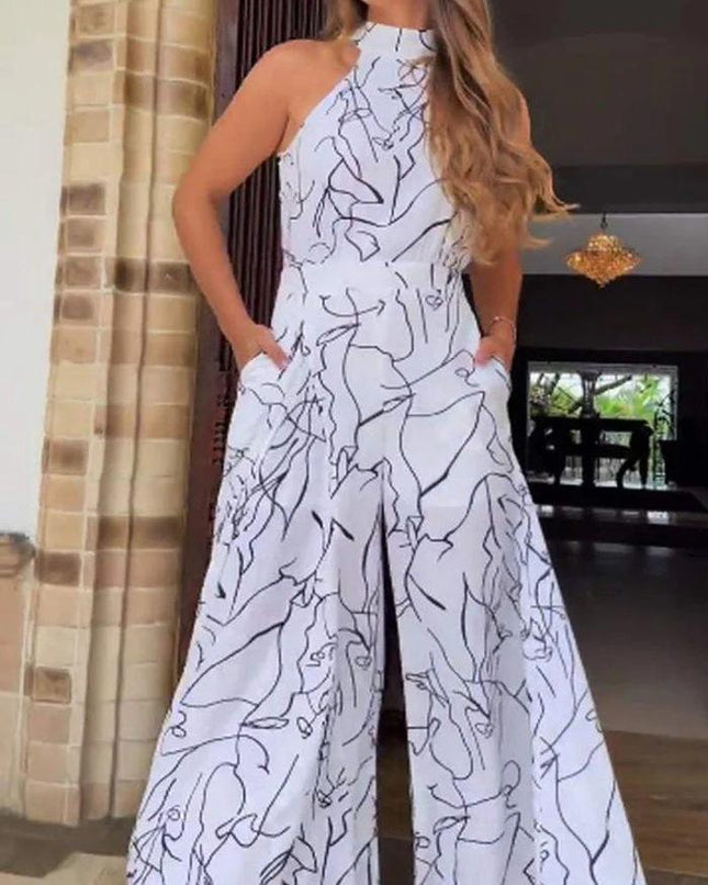 Women’s Summer Halter Neck Printed Jumpsuit Sleeveless Waist Fit One Piece