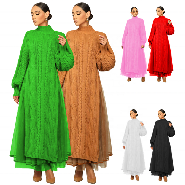 Women's Winter Knitted Sweater Dress Long Sleeve Patchwork Casual