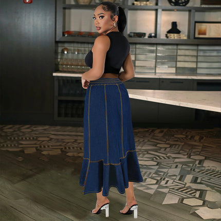 Plus Size Women Denim Maxi Skirt Elastic Waist Ruffle Long Jean Skirt Style