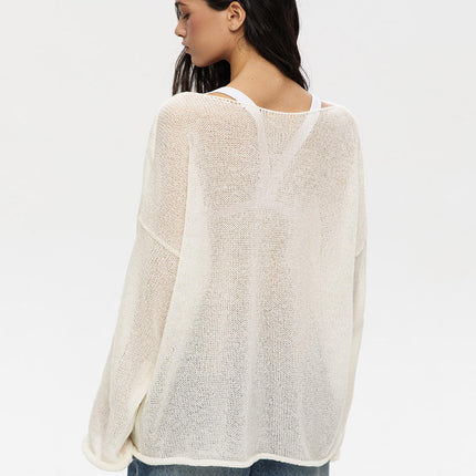 Women's Sheer O-Neck Knit Top Flared Sleeves Loose Spring Summer Tee