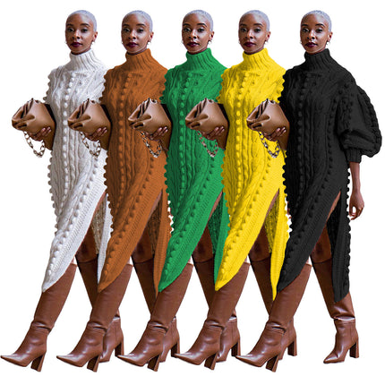 Winter Wool Knit Sweater Dress for Women Turtleneck Lantern Sleeve Long