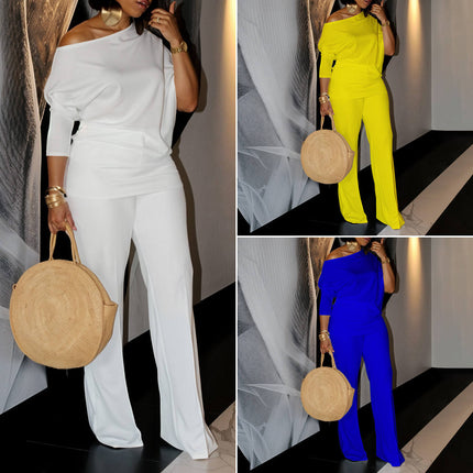 Elegant Autumn Wide Leg Jumpsuit for Women Slash Neck Solid Color