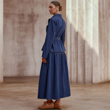 Women’s Denim Two Piece Set V Neck Jacket A Line Maxi Skirt with Belt