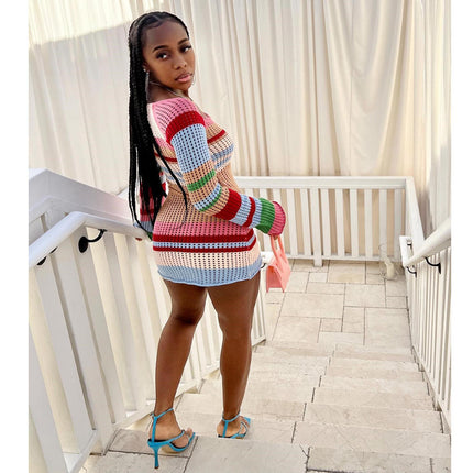 Women Sexy Hollow Out Knit Mini Dress Long Sleeve Bodycon Spring Fall